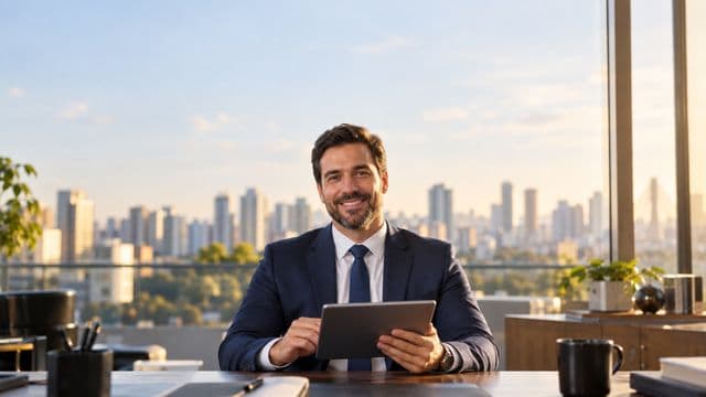 Analista financeiro sorrindo, com terno azul-marinho, segurando um tablet, em um escritório corporativo com vista para a cidade