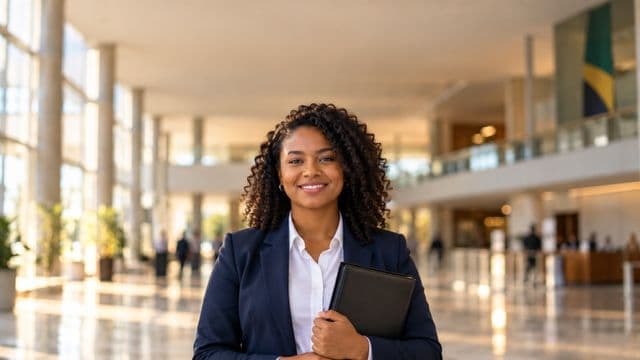 Servidora pública sorrindo, com blazer azul-marinho sobre camisa branca, segurando uma pasta, em o saguão amplo de um prédio público moderno