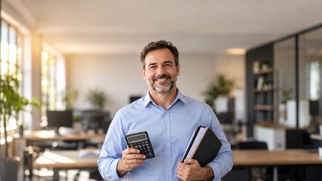 Contador sorrindo, com camisa social azul-clara, segurando uma calculadora e uma pasta de documentos, em um escritório contábil moderno
