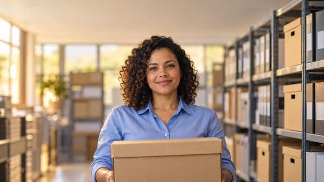Arquivista sorrindo, com camisa social azul, segurando uma caixa de arquivo, em um arquivo moderno com estantes organizadas