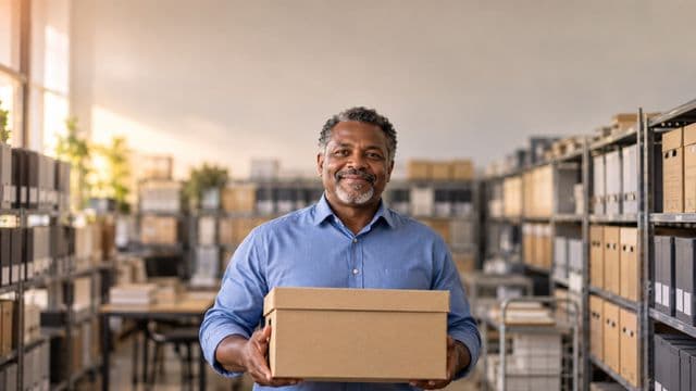 Arquivista sorrindo, com camisa social azul, segurando uma caixa de arquivo, em um arquivo moderno com estantes organizadas