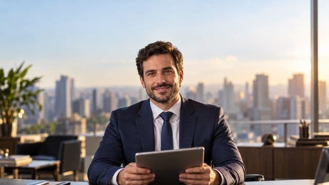Analista financeiro sorrindo, com terno azul-marinho, segurando um tablet, em um escritório corporativo com vista para a cidade