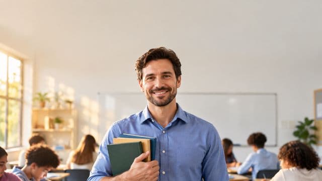 Professor sorrindo, com camisa social azul, segurando livros de capa lisa, em uma sala de aula moderna e clara com alunos desfocados