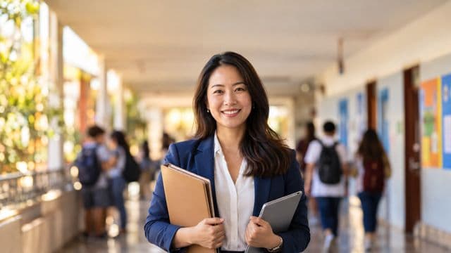 Gestora escolar sorrindo, com blazer azul sobre camisa branca, segurando uma pasta e um tablet, em o corredor de uma escola moderna com alunos desfocados