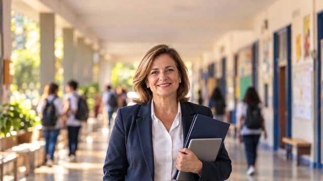 Gestora escolar sorrindo, com blazer azul sobre camisa branca, segurando uma pasta e um tablet, em o corredor de uma escola moderna com alunos desfocados