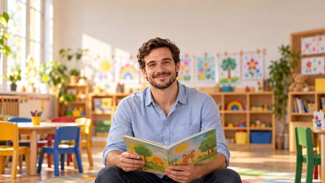 Professor de educação infantil sorrindo, com camisa casual azul-clara, segurando um livro infantil colorido sem título, em uma sala de aula infantil alegre, com mesinhas e desenhos nas paredes