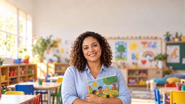 Professora de educação infantil sorrindo, com camisa casual azul-clara, segurando um livro infantil colorido sem título, em uma sala de aula infantil alegre, com mesinhas e desenhos nas paredes