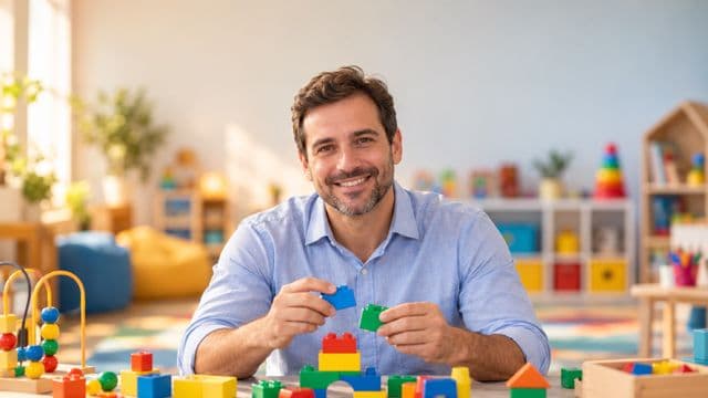 Psicopedagogo sorrindo, com camisa azul-clara, segurando blocos de montar coloridos, em uma sala de atendimento infantil colorida e organizada, com brinquedos pedagógicos