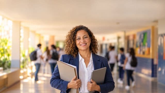 Gestora escolar sorrindo, com blazer azul sobre camisa branca, segurando uma pasta e um tablet, em o corredor de uma escola moderna com alunos desfocados
