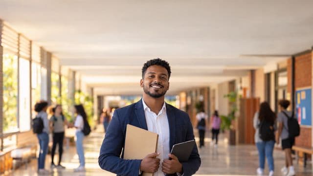 Gestor escolar sorrindo, com blazer azul sobre camisa branca, segurando uma pasta e um tablet, em o corredor de uma escola moderna com alunos desfocados