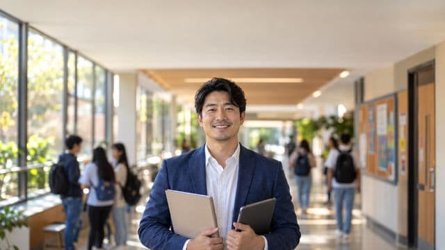 Gestor escolar sorrindo, com blazer azul sobre camisa branca, segurando uma pasta e um tablet, em o corredor de uma escola moderna com alunos desfocados