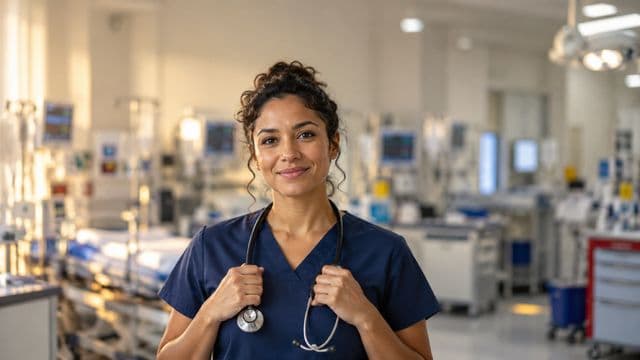 Profissional de emergência sorrindo, com uniforme azul-marinho de equipe de emergência, segurando um estetoscópio, em uma sala de emergência hospitalar moderna