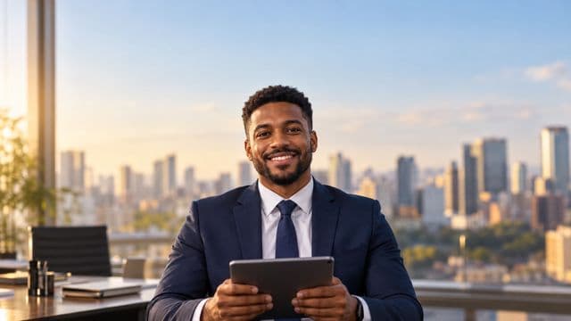 Analista financeiro sorrindo, com terno azul-marinho, segurando um tablet, em um escritório corporativo com vista para a cidade