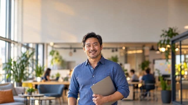Empreendedor sorrindo, com camisa social azul com as mangas dobradas, segurando um notebook, em um espaço de coworking moderno e iluminado