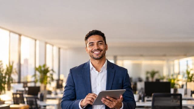 Profissional sorrindo, com blazer azul sobre camisa branca, segurando um tablet, em um escritório moderno e bem iluminado