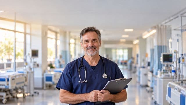 Enfermeiro sorrindo, com uniforme hospitalar azul-marinho e estetoscópio no pescoço, segurando uma prancheta, em o corredor de um hospital moderno e bem iluminado, com leitos e equipamentos