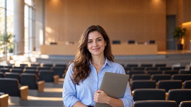 Professora universitária sorrindo, com camisa social azul, segurando um notebook, em um auditório universitário moderno