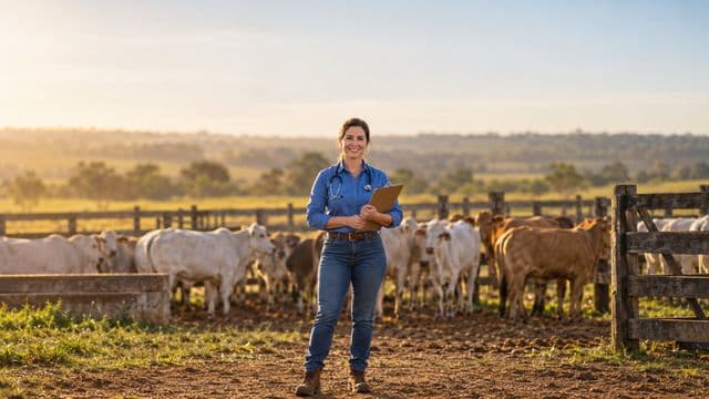 Médica veterinária sorrindo, com camisa azul de mangas compridas e botas, segurando uma prancheta, em uma fazenda com gado e cercas de madeira