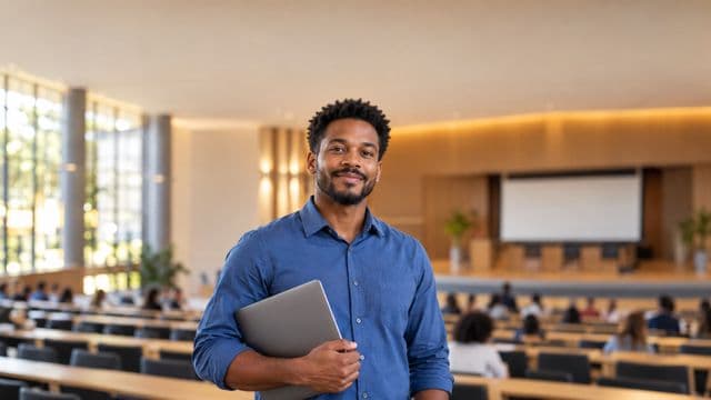 Professor universitário sorrindo, com camisa social azul, segurando um notebook, em um auditório universitário moderno