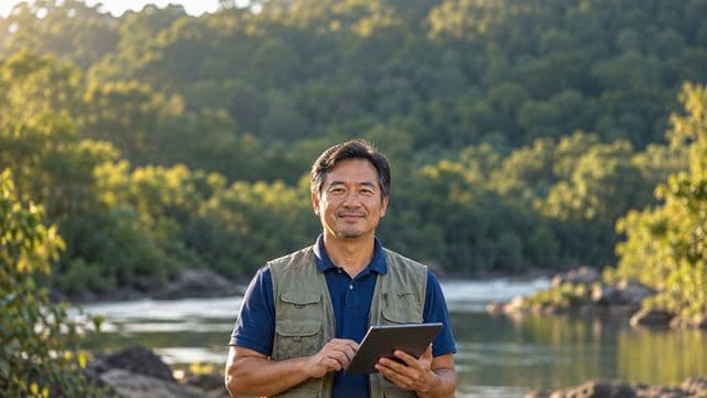 Gestor ambiental sorrindo, com camisa polo azul e colete de campo, segurando um tablet, em uma área de preservação com mata e um rio