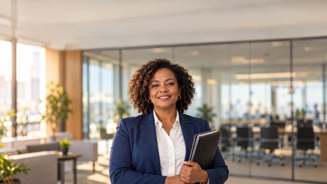 Profissional de recursos humanos sorrindo, com blazer azul sobre camisa branca, segurando uma pasta de documentos, em um escritório moderno com uma sala de reunião envidraçada