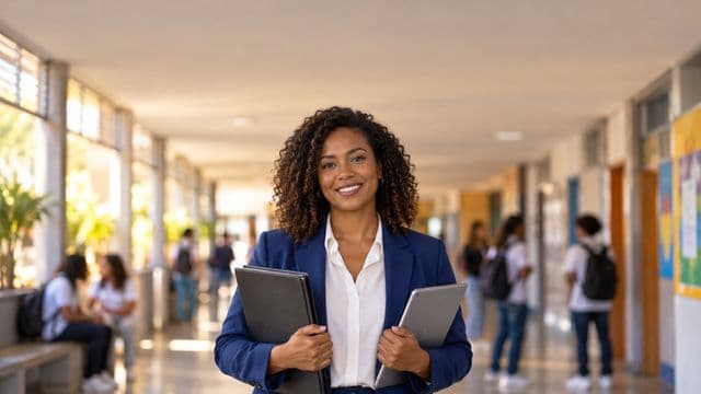 Gestora escolar sorrindo, com blazer azul sobre camisa branca, segurando uma pasta e um tablet, em o corredor de uma escola moderna com alunos desfocados
