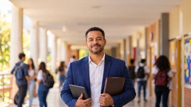 Gestor escolar sorrindo, com blazer azul sobre camisa branca, segurando uma pasta e um tablet, em o corredor de uma escola moderna com alunos desfocados