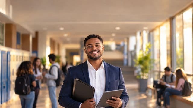 Gestor escolar sorrindo, com blazer azul sobre camisa branca, segurando uma pasta e um tablet, em o corredor de uma escola moderna com alunos desfocados