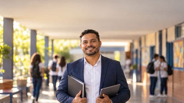 Gestor escolar sorrindo, com blazer azul sobre camisa branca, segurando uma pasta e um tablet, em o corredor de uma escola moderna com alunos desfocados