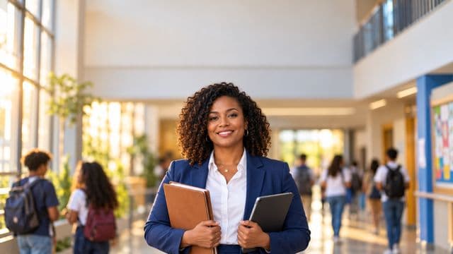 Gestora escolar sorrindo, com blazer azul sobre camisa branca, segurando uma pasta e um tablet, em o corredor de uma escola moderna com alunos desfocados