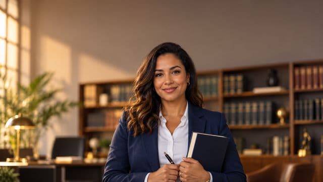 Advogada sorrindo, com terno azul-marinho e camisa branca, segurando um livro de capa lisa e uma caneta, em um escritório de advocacia elegante com estantes de livros