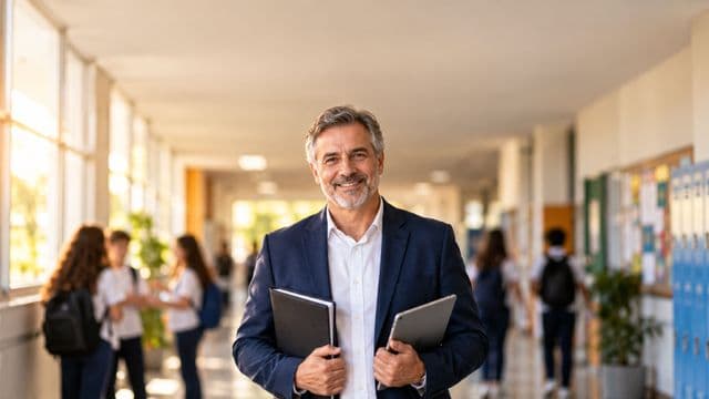 Gestor escolar sorrindo, com blazer azul sobre camisa branca, segurando uma pasta e um tablet, em o corredor de uma escola moderna com alunos desfocados