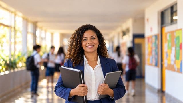 Gestora escolar sorrindo, com blazer azul sobre camisa branca, segurando uma pasta e um tablet, em o corredor de uma escola moderna com alunos desfocados