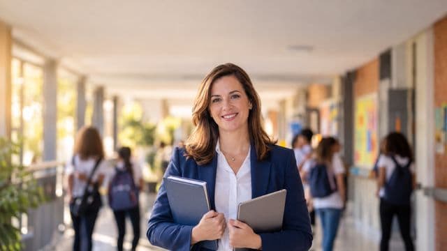 Gestora escolar sorrindo, com blazer azul sobre camisa branca, segurando uma pasta e um tablet, em o corredor de uma escola moderna com alunos desfocados
