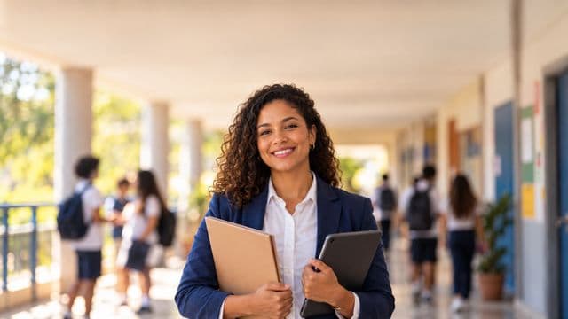 Gestora escolar sorrindo, com blazer azul sobre camisa branca, segurando uma pasta e um tablet, em o corredor de uma escola moderna com alunos desfocados