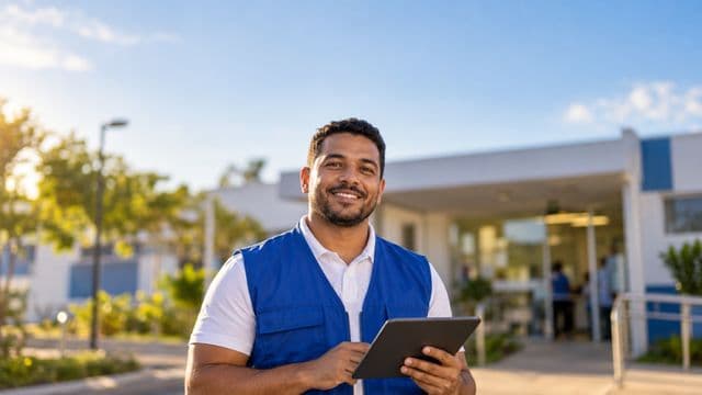 Agente de saúde pública sorrindo, com colete azul de equipe de saúde sobre camisa branca, segurando um tablet, em uma unidade básica de saúde moderna
