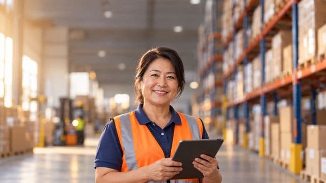 Profissional de logística sorrindo, com colete refletivo laranja sobre camisa polo azul, segurando um tablet, em um centro de distribuição com prateleiras altas e caixas