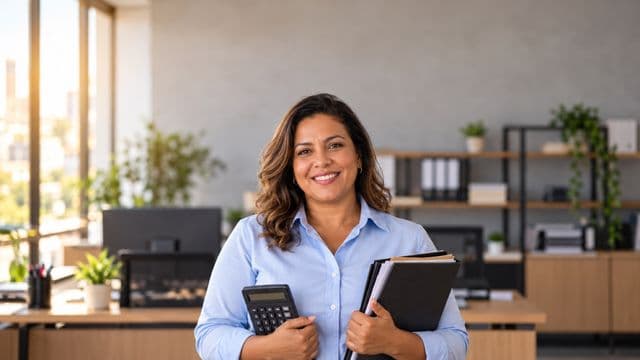 Contadora sorrindo, com camisa social azul-clara, segurando uma calculadora e uma pasta de documentos, em um escritório contábil moderno