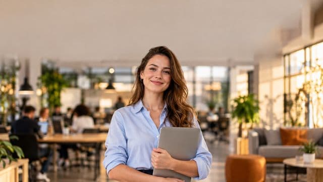 Empreendedora sorrindo, com camisa social azul com as mangas dobradas, segurando um notebook, em um espaço de coworking moderno e iluminado