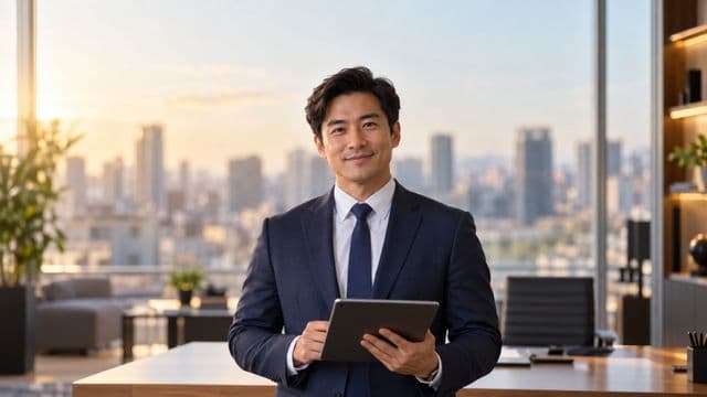 Analista financeiro sorrindo, com terno azul-marinho, segurando um tablet, em um escritório corporativo com vista para a cidade