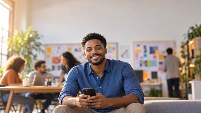 Profissional de marketing sorrindo, com camisa casual azul, segurando um smartphone, em uma agência criativa moderna com equipe desfocada e quadros de ideias