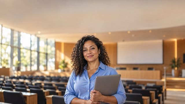 Professora universitária sorrindo, com camisa social azul, segurando um notebook, em um auditório universitário moderno