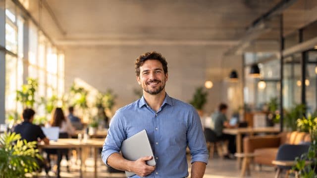 Empreendedor sorrindo, com camisa social azul com as mangas dobradas, segurando um notebook, em um espaço de coworking moderno e iluminado