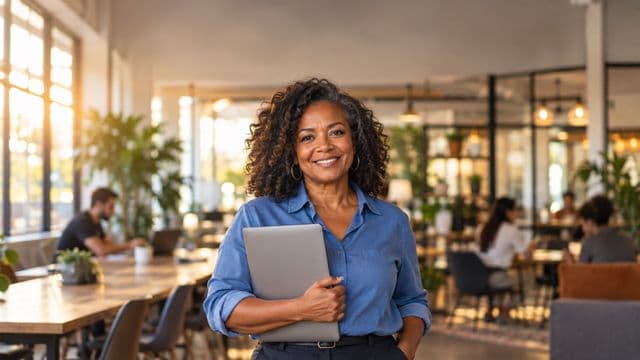 Empreendedora sorrindo, com camisa social azul com as mangas dobradas, segurando um notebook, em um espaço de coworking moderno e iluminado