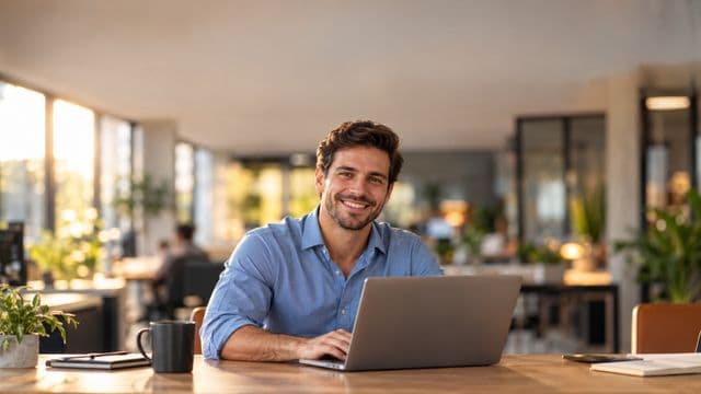 Empreendedor sorrindo, com camisa social azul com as mangas dobradas, segurando um notebook, em um espaço de coworking moderno e iluminado