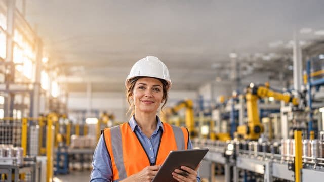 Engenheira de produção sorrindo, com capacete branco e colete laranja sobre camisa azul, segurando um tablet, em uma fábrica moderna com linha de produção e braços robóticos