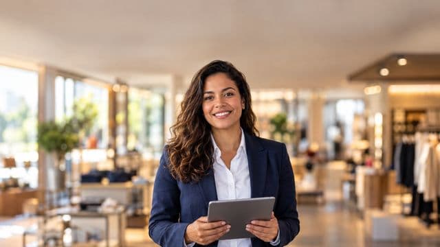 Gerente comercial sorrindo, com blazer azul-marinho sobre camisa branca, segurando um tablet, em uma loja moderna e bem iluminada