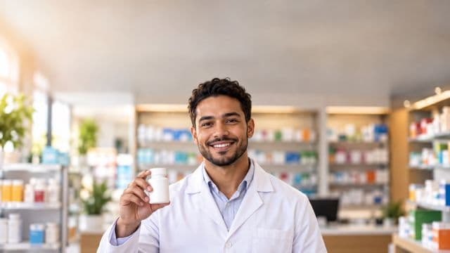 Farmacêutico sorrindo, com jaleco branco, segurando um frasco de medicamento sem rótulo legível, em uma farmácia moderna com prateleiras organizadas