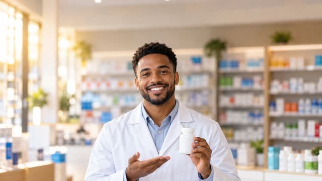 Farmacêutico sorrindo, com jaleco branco, segurando um frasco de medicamento sem rótulo legível, em uma farmácia moderna com prateleiras organizadas