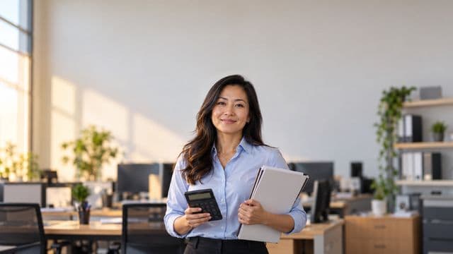 Contadora sorrindo, com camisa social azul-clara, segurando uma calculadora e uma pasta de documentos, em um escritório contábil moderno